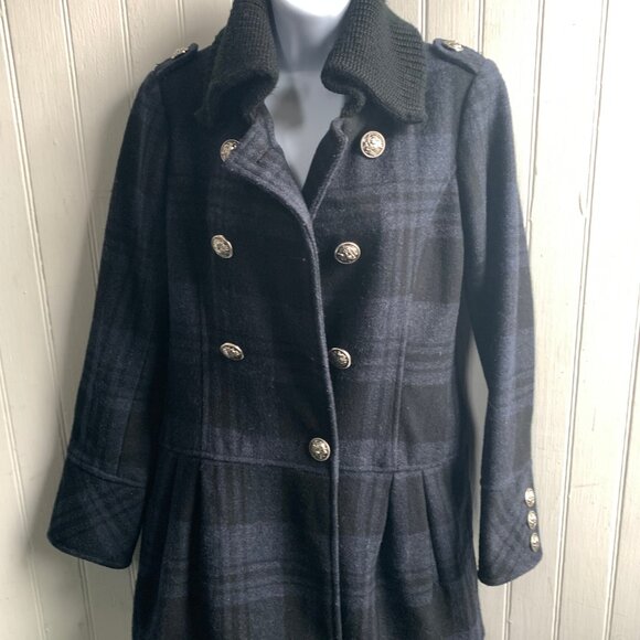 Guess Women's Blue Black Plaid Double Breast Wool Pea Coat Knit Collar Military - Picture 1 of 16